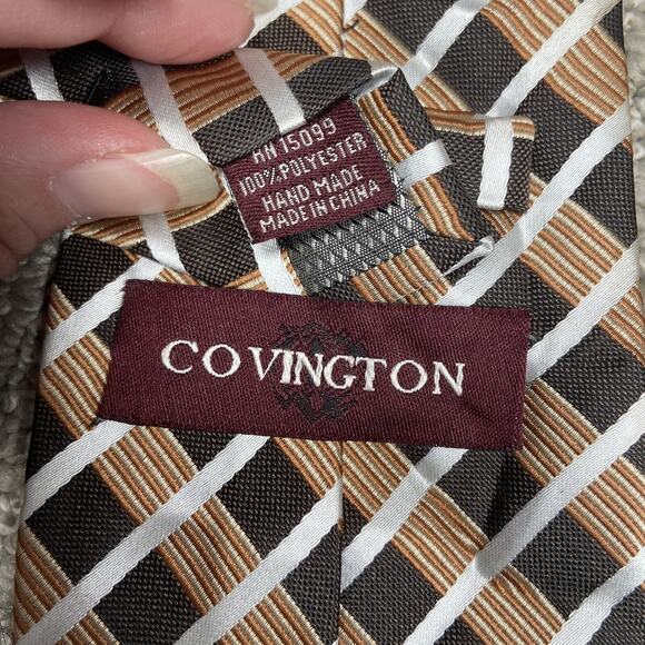 Covington Mens Necktie Tie Black Brown White Striped 60 x 3.5 Career - Picture 1 of 3